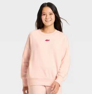 Girls' Embroidered Fish Oversized Fleece Crew Sweatshirt Pink